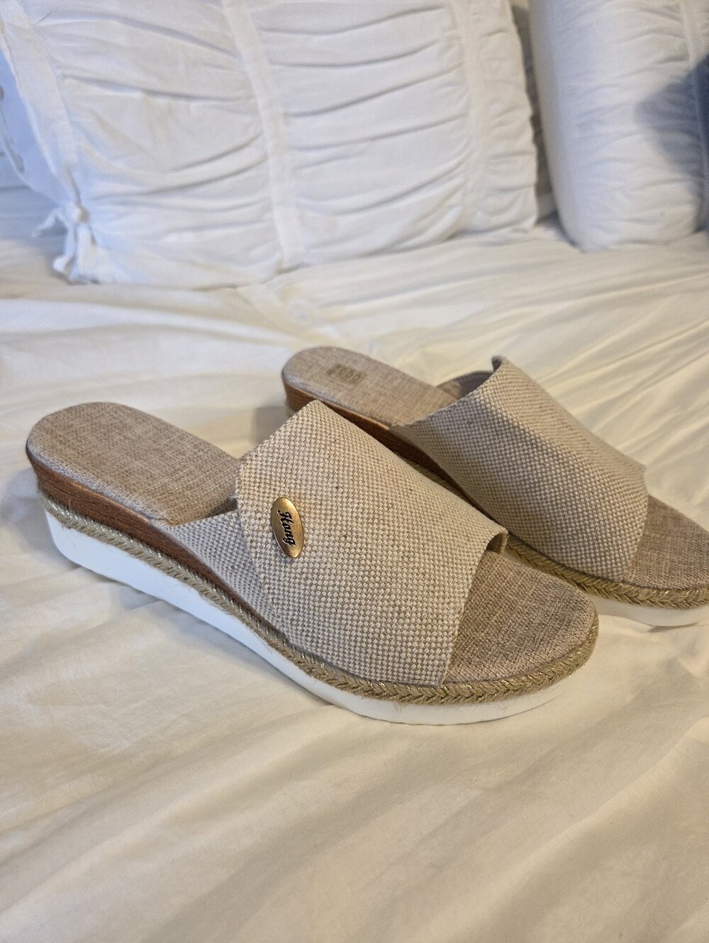 Unlisted Beige Textured Slide Wedge Mules